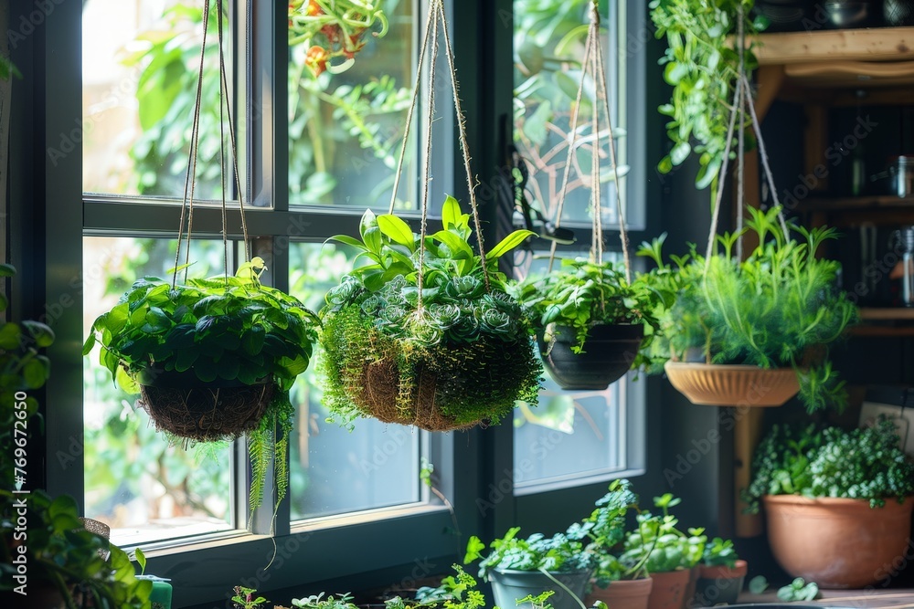 Poster A window sill overflows with lush green kokodama plants of various sizes and types, creating a vibrant and lively scene against a backdrop of sunlight streaming through the glass