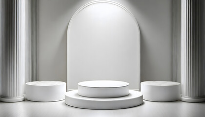Clean white 3d room with set of round podium or stand for product display. podium scene. Generative...