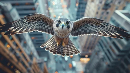 Fototapete Witness the urban acrobatics of a falcon, mastering the art of navigating skyscraper obstacles with strategic finesse. © Manyapha
