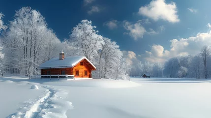 Fotobehang Winter Wonderland: A snowy landscape with a cozy cabin and snow-covered trees, portraying the enchantment of winter travel. © Nico