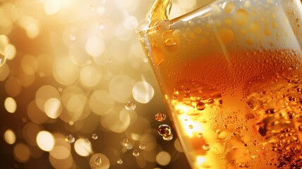 Close-up of a glass beer with bubbles and froth, illuminated warm, glowing light. - obrazy, fototapety, plakaty