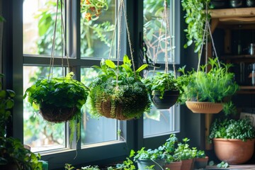 A window sill overflows with lush green kokodama plants of various sizes and types, creating a vibrant and lively scene against a backdrop of sunlight streaming through the glass