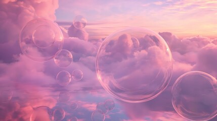 Transparent bubbles floating above surreal pink clouds at sunset, evoking a sense of calm and fantasy. - obrazy, fototapety, plakaty