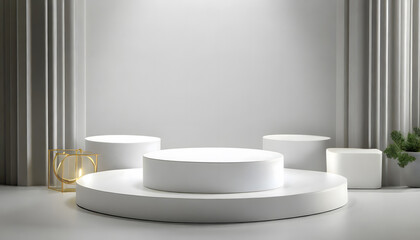 Clean white 3d room with set of round podium or stand for product display. podium scene. Generative AI.