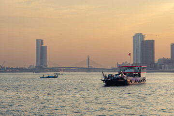 Sunset on Tonle Sap River, Mekong River in Phnom Penh City, Cambodia