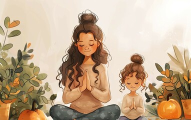 Mother and daughter meditating in the lotus position - obrazy, fototapety, plakaty