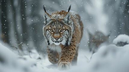 Fototapeta premium The lynx's stealth in the snow mirrors the calculated precision of marketing strategies, blending research and focus seamlessly.