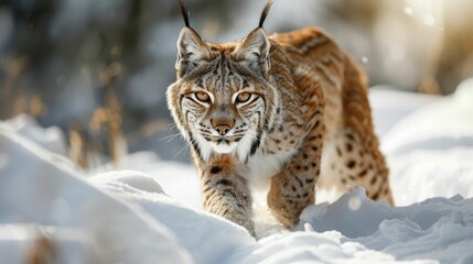 Fototapeta premium A lynx tracking silently in the snow, embodying the meticulous research and targeted approach in marketing and advertising strategies.