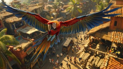 A vibrant macaw soars above a bustling market, adding to the lively scene, embodying local business vitality and community spirit.