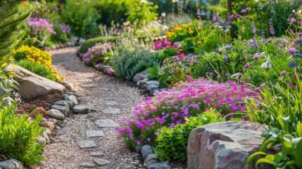 Colorful Garden With Flowers and Rocks
