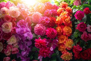 Obraz premium A vibrant array of various flowers tightly clustered together in a colorful symphony of petals and stems