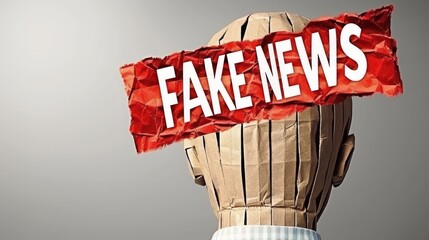 A realistic fake head adorned with a sign reading fake news, symbolizing the spread of deceitful information
