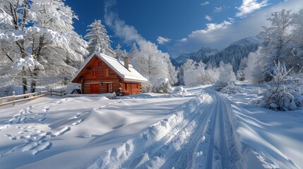 Winter Wonderland: A snowy landscape with a cozy cabin and snow-covered trees, portraying the enchantment of winter travel.