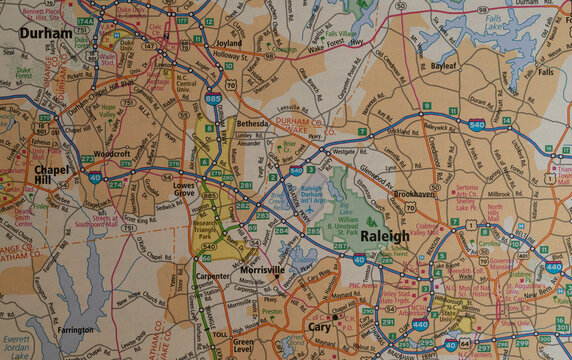Map of the Raleigh Durham area of North Carolina, including Chapel Hill.