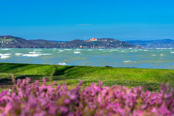 Beach in Zamardi at Lake Balaton Hungary springtime with flowers
