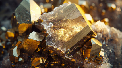 The image depicts gleaming pyrite crystals illuminated that exude a warm, golden glow against a dark, moody background - obrazy, fototapety, plakaty