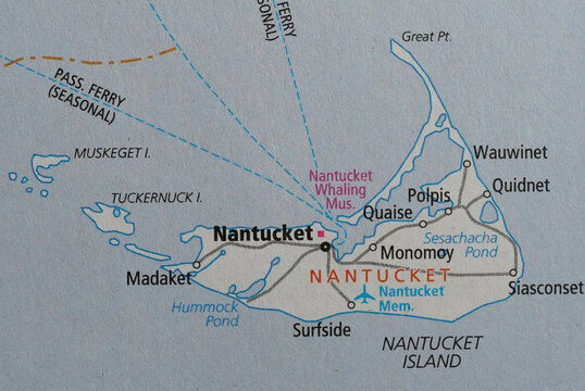 Map of Nantucket Island and ferry routes from the mainland taken from a road atlas.