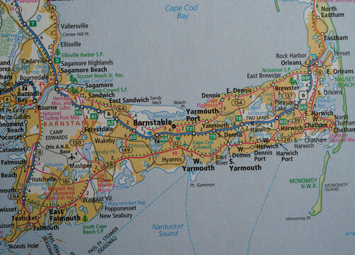 Map of Cape Cod, Massachusetts taking from a road atlas.