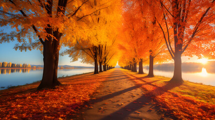 Naklejka na ściany i meble Inviting Pathway Amidst Vibrant Autumn Colors: Fall Season Landscape