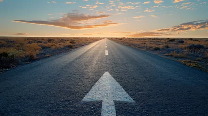 Tuinposter A straight road with an arrow painted on it leading to the horizon, symbolizing goal setting and achievement , business concept, Generative AI © StellaPattaya