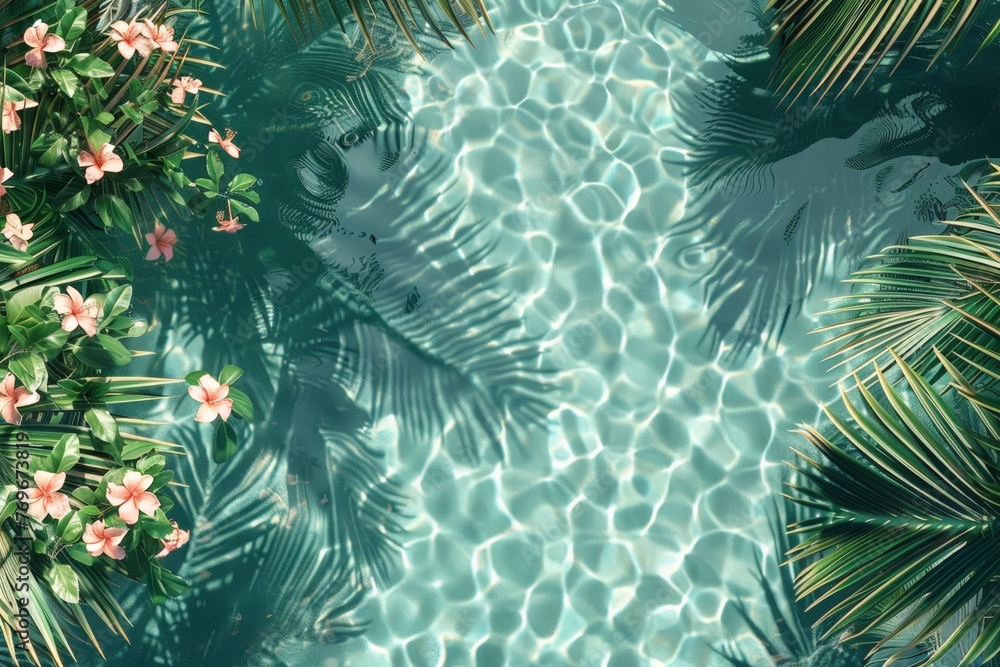 Aufkleber serene pool surrounded by lush palm trees and vibrant flowers, creating a tranquil oasis for relaxat