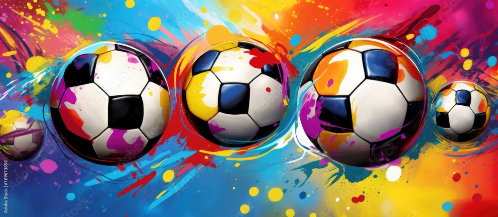Poster an artistic painting showcasing soccer balls on a vibrant and colorful background, creating a fun an