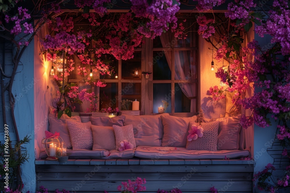 Poster a variety of bright pink flowers cascade over the edge of a window sill, creating a stunning display