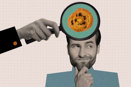 Sketch image composite trend photo collage of silhouette young thoughtful man look away huge loupe at head show mind full of tasty pies