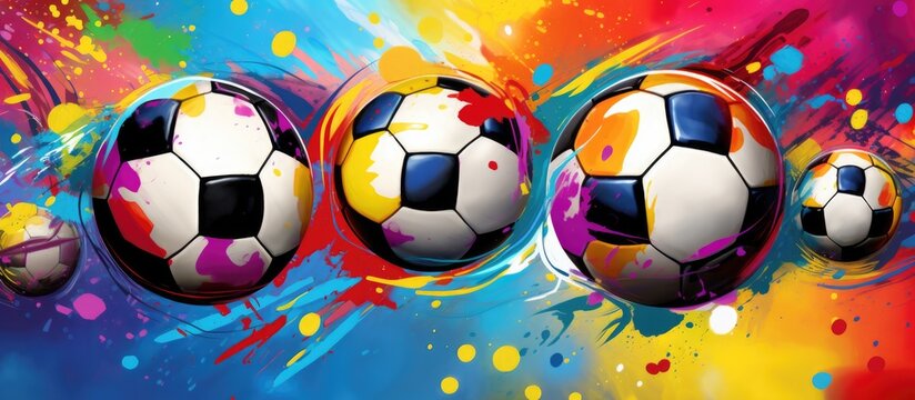 An artistic painting showcasing soccer balls on a vibrant and colorful background, creating a fun and happy event. The pattern and font are creatively incorporated with shades of magenta