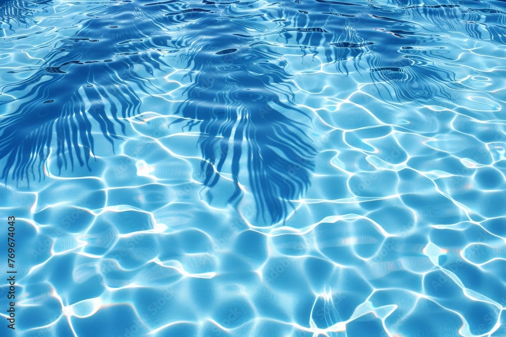 Poster a palm tree is mirrored in the calm waters of a swimming pool, creating a tranquil and picturesque s