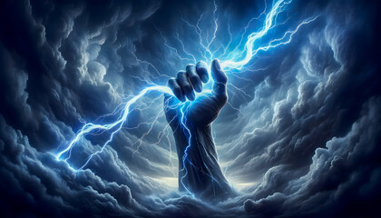 A hand is holding up a lightning bolt against a stormy. - obrazy, fototapety, plakaty