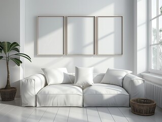 Photo Frame Mockup, Empty 3 wall photo frames modern living room with sofa