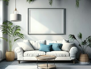modern living room with sofa Photo Frame Mockup, Empty wall photo frames 