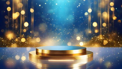 Empty podium golden on blue background with light neon effects with bokeh decorations. Luxur....