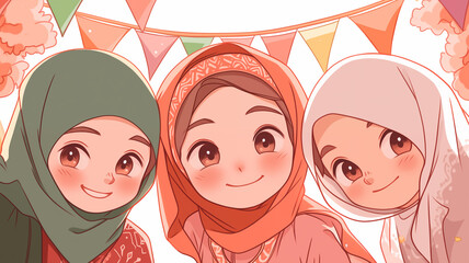 Hand drawn cartoon eid celebration girl illustration background
 - obrazy, fototapety, plakaty