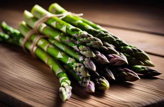 Bunch of fresh green asparagus spears on rustic wooden table. Closeup.