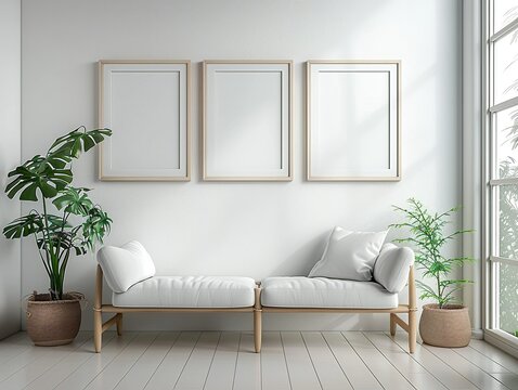 Photo Frame Mockup, Empty 3 wall photo frames modern living room with sofa 