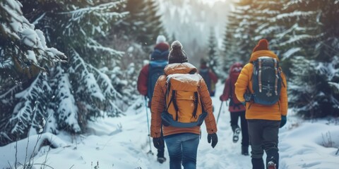 A group of friends trekking through a snow-covered trail in the mountains. 