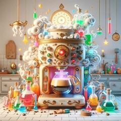 An elaborate alchemy coffee machine brews a magical potion amidst a whimsical kitchen, surrounded by colorful flasks and mystical bubbles.