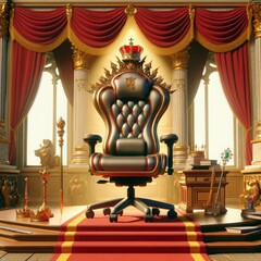 A stately office chair designed to resemble a royal throne, complete with a luxurious crown and crest, sits in a room fit for a monarch with opulent decor.