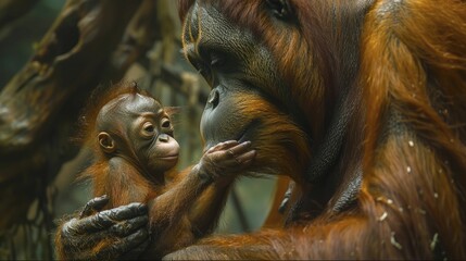 Witnessing an orangutan guiding its offspring through the forest embodies the essence of imparting knowledge and nurturing in family services. - obrazy, fototapety, plakaty