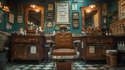 The classic elegance of a vintage barber shop is captured in this scene, featuring a traditional barber chair amidst antique furnishings and warm lighting