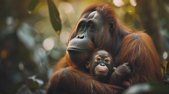 An orangutan gently teaching its young to navigate the forest, representing education, nurturing, and the passing of wisdom in family services.