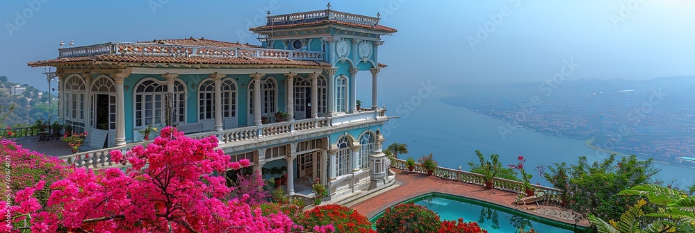Aufkleber a beautiful house with a shimmering pool in front of it, reflecting the clear blue sky and surrounde