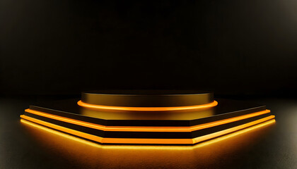 Empty podium with orange line neon on black background. 3d render. Generative AI.