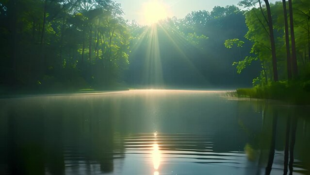 Serene animation: Babbling brook flows through lush forest.