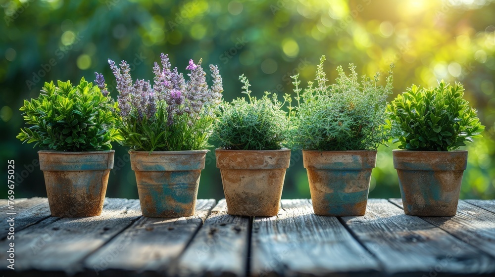 Poster a diverse group of potted plants arranged on a rustic wooden table, creating a harmonious display of