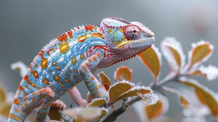 Chameleon with colors morphing to reflect changing seasons, representing the ability to adapt marketing strategies to seasonal trends. - obrazy, fototapety, plakaty