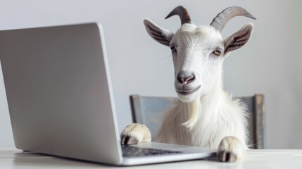 Funny goat sitting at a desk in front of a grey laptop. His paws are touching the keyboard as he...