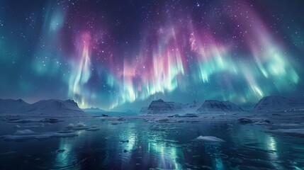 Naklejka premium Aurora Borealis Over a Glacier: A mesmerizing display of the Northern Lights dancing over a glacier, creating an ethereal and otherworldly atmosphere.